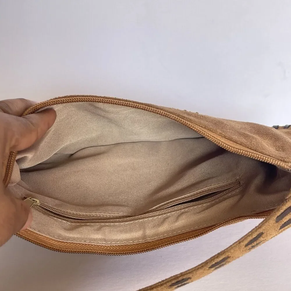 Women Sewn Edges Handbag Suede leather Brown Embroidery